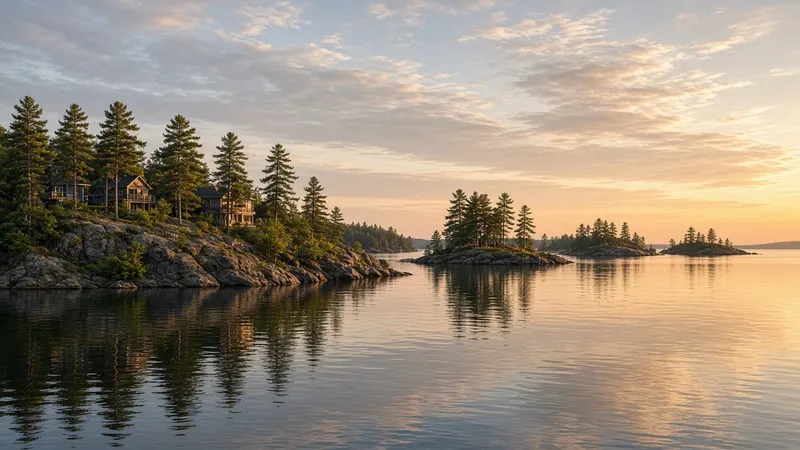 Pine covered rocky islands in the Thousand Islands reflected in calm water at golden hour