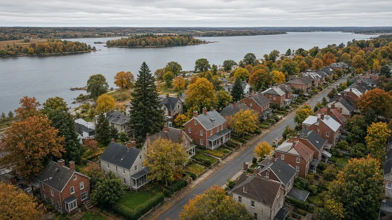 Aerial view of a riverside town with brick homes and autumn trees beside a wide river with wooded islands