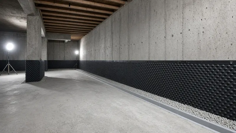 Unfinished basement with a black dimpled membrane on the lower foundation wall and a gravel perimeter drain along the floor edge