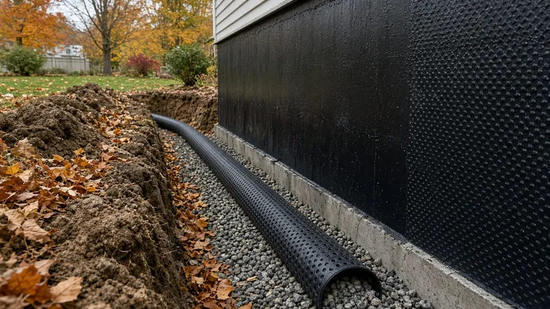Excavated trench beside a house foundation with black membrane, dimpled drainage board, gravel and a weeping tile pipe under autumn leaves