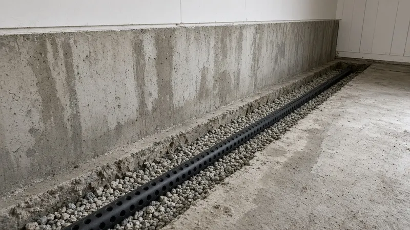 Interior weeping tile pipe laid in clear gravel in a trench along the base of a basement wall