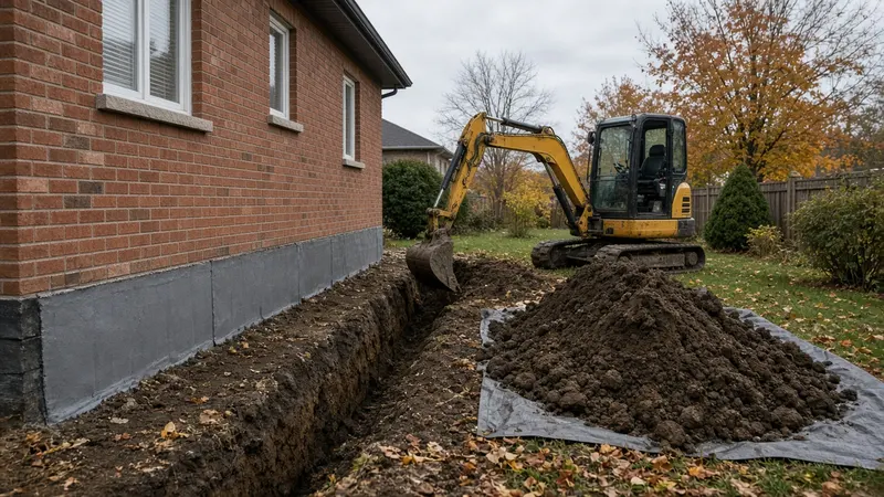 Mini excavator and an open trench along the foundation of a brick house with a pile of excavated soil on a tarp