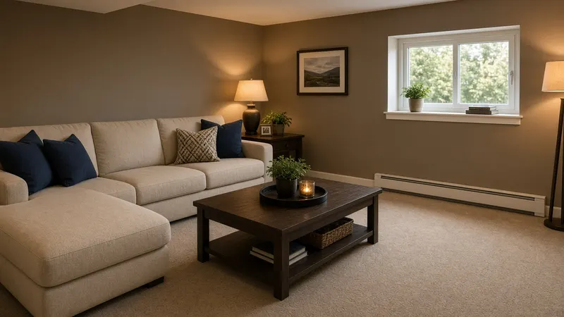 Cozy finished basement family room with a sectional sofa, coffee table, lamps and a bright window