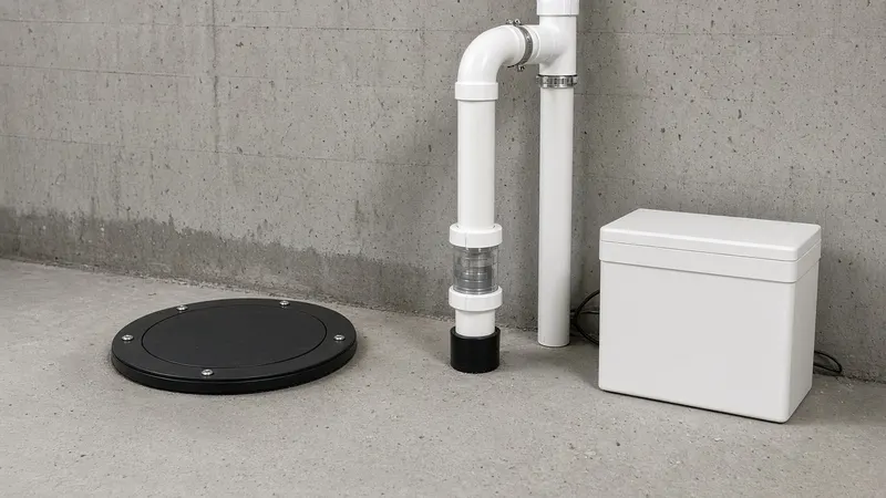 Basement sump pit with a sealed black lid, a white PVC discharge pipe with a check valve and a battery backup box against a concrete wall